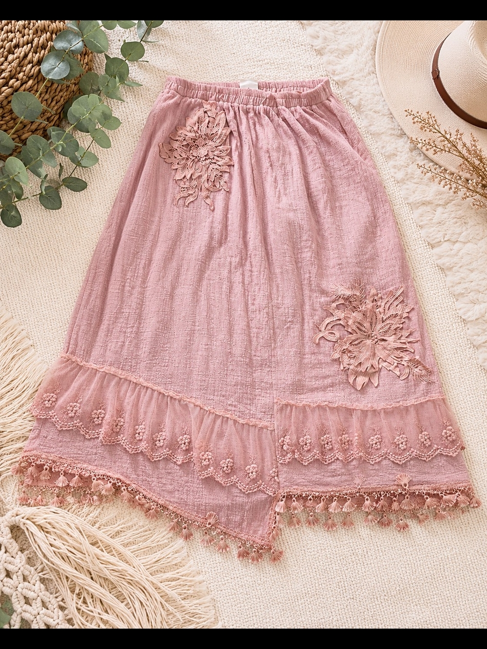 Pretty Angel Pink Boho Lace w Tassel Midi Skirt L